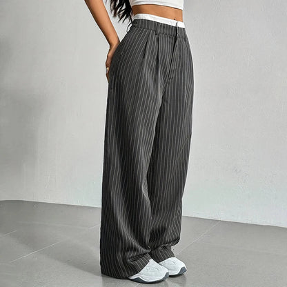 Broek dames | Wijde linnen look broek met strepen