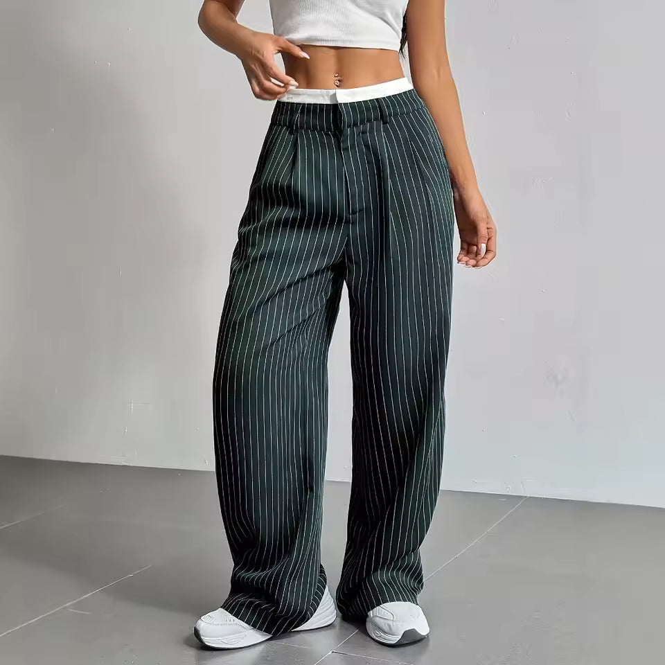 Broek dames | Wijde linnen look broek met strepen