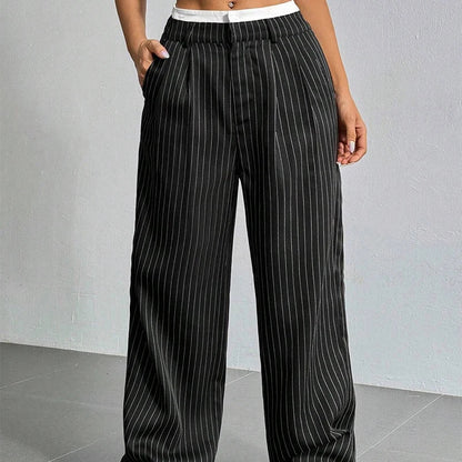Broek dames | Wijde linnen look broek met strepen