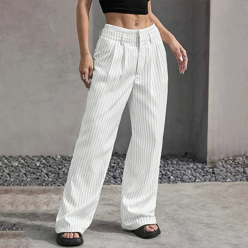 Broek dames | Wijde linnen look broek met strepen