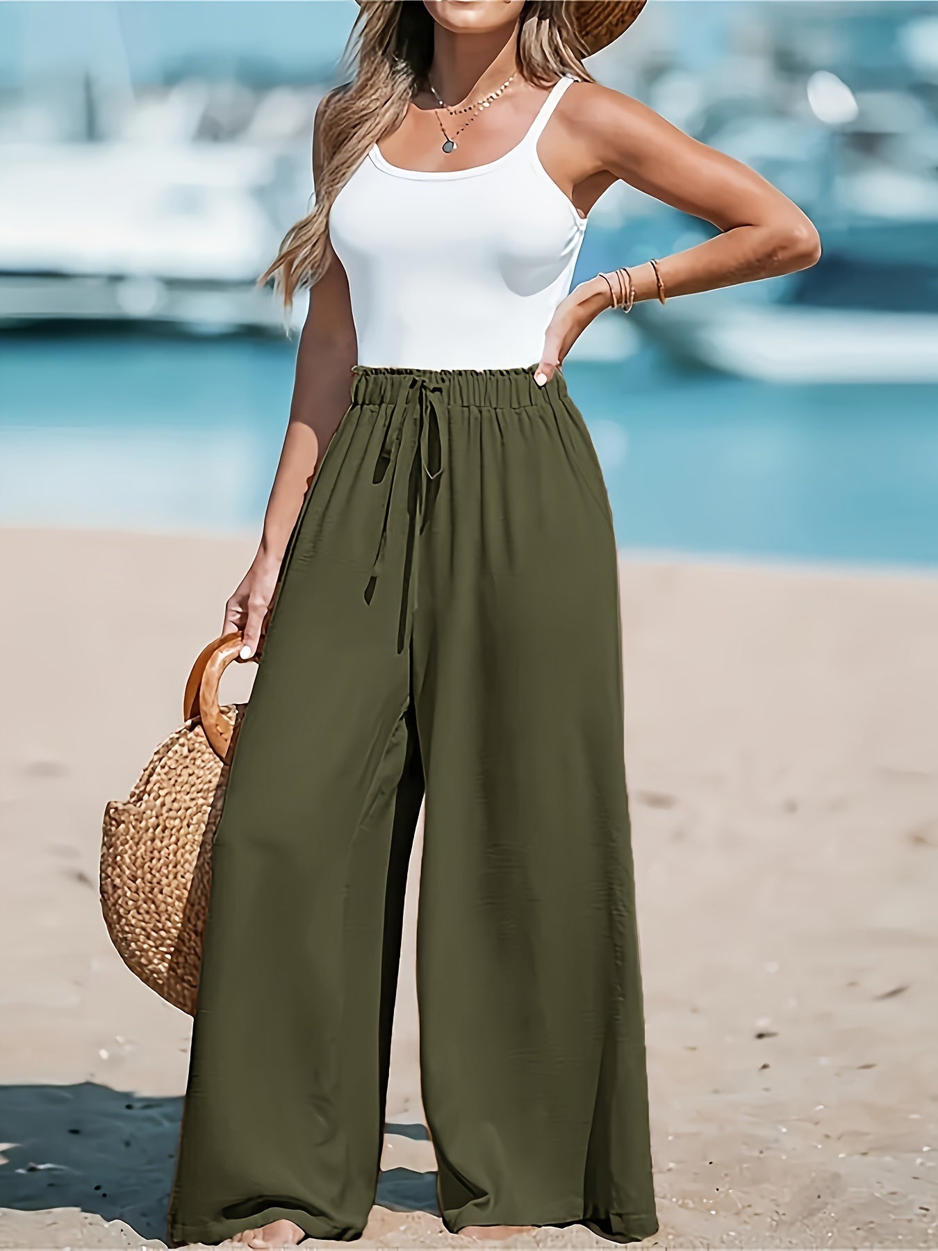 Broek dames | Wijde pijpen broek met hoge taille en trekkoord
