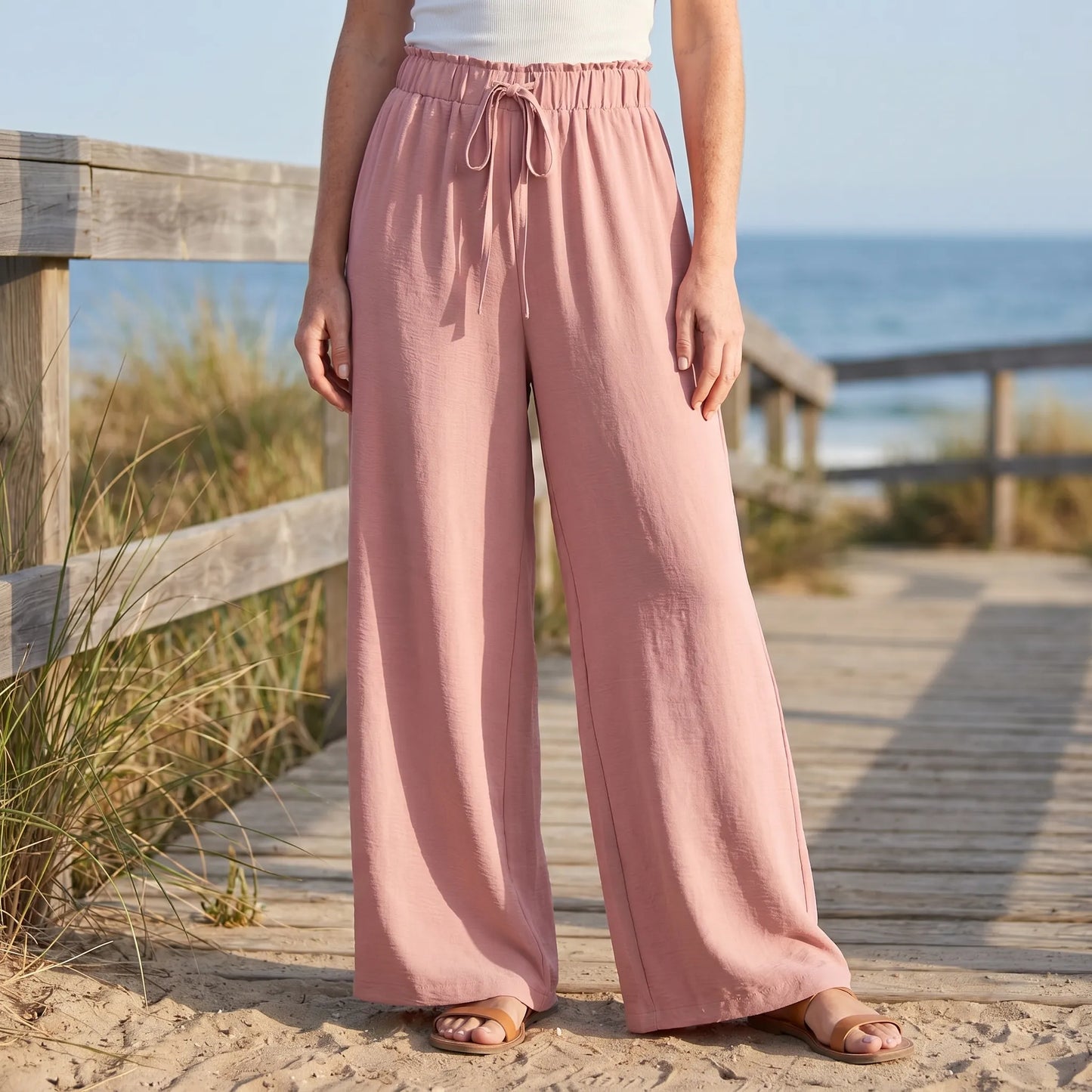 Broek dames | Wijde pijpen broek met hoge taille en trekkoord