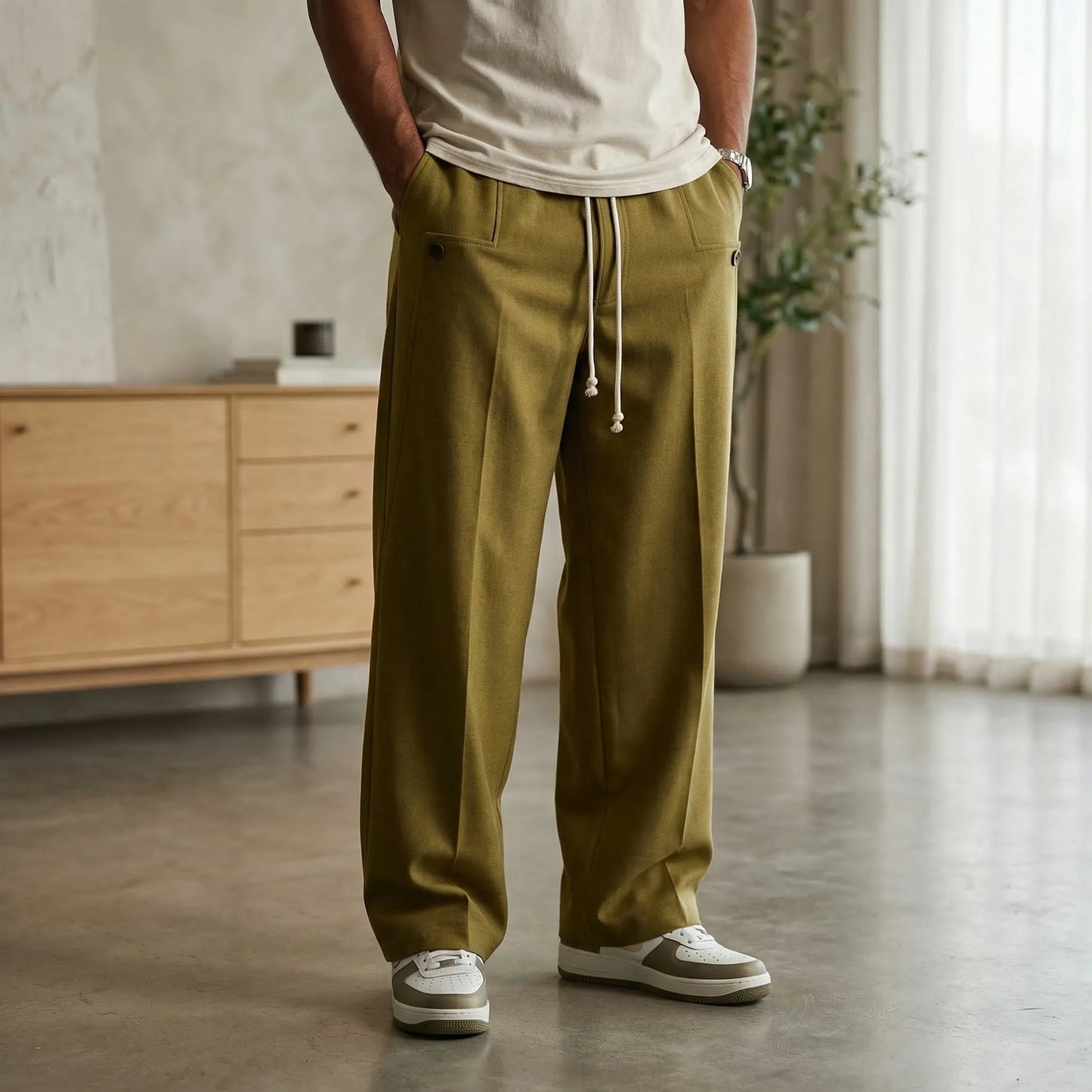 Broek heren | Casual loose fit broek met wijde pijpen