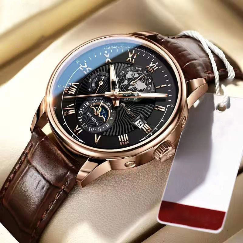 NovaQuartz | Hoogwaardig lichtgevend quartz herenhorloge met leren band