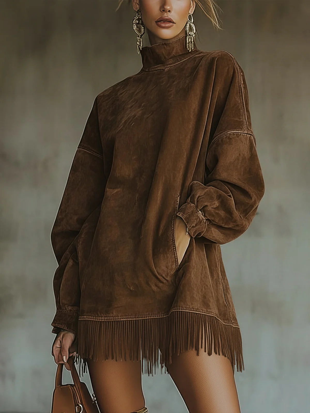 Mara | High-Neck Suede Dress with Fringe Details