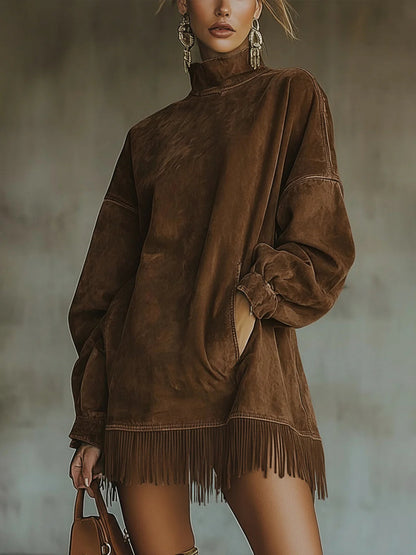 Mara | High-Neck Suede Dress with Fringe Details
