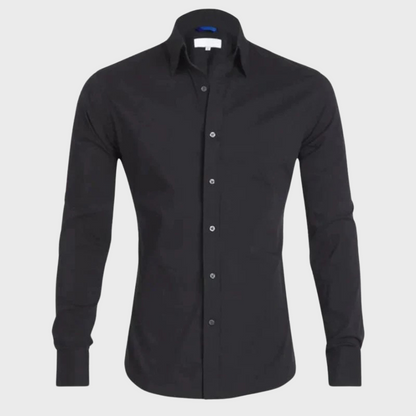 Schwarzes Herrenhemd, langärmelig, Knopfleiste, klassischer Kragen, elegante Mode.