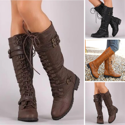 Damenstiefel aus Leder, kniehoch, Schnürung, braun, schwarz, cognac, modisch, robust.