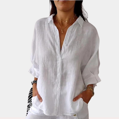 Linnen Damesblouse met Lange Mouwen en Knoopsluiting – Ysolde