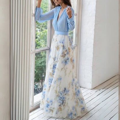 Aurora | Elegant Floral Chiffon Long Sleeve Maxi Dress For Wedding Guest
