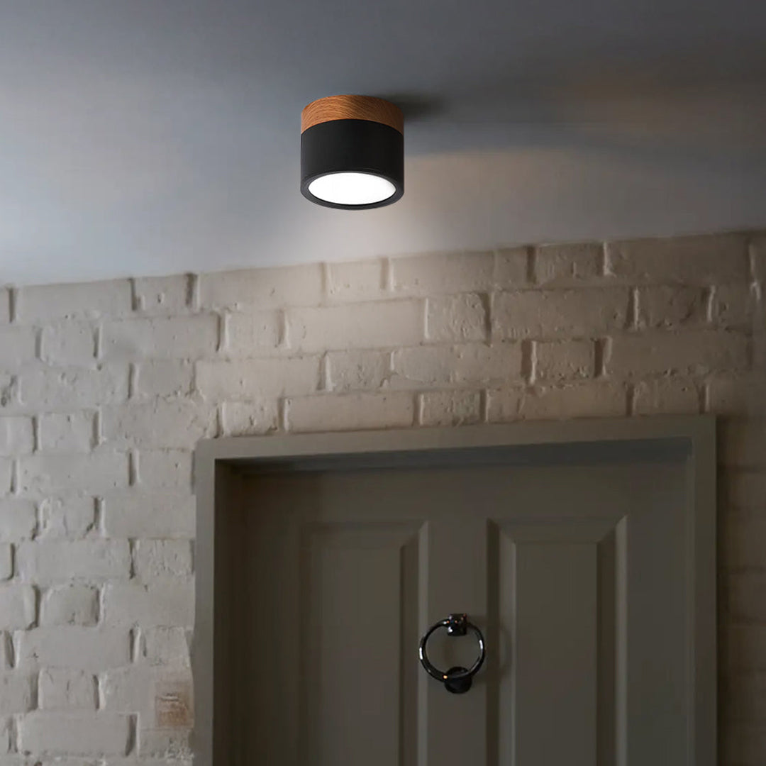 Wood And Metal Ceiling Lamp – Small Cylindrical Modern Accent Design