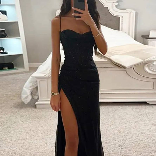Damen Maxikleid | Spaghettiträger Schlitz