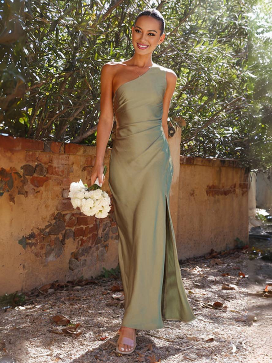 Robe longue de demoiselle d'honneur élégante en satin à une épaule pour femme – Sans manches coupe ajustée et fente latérale