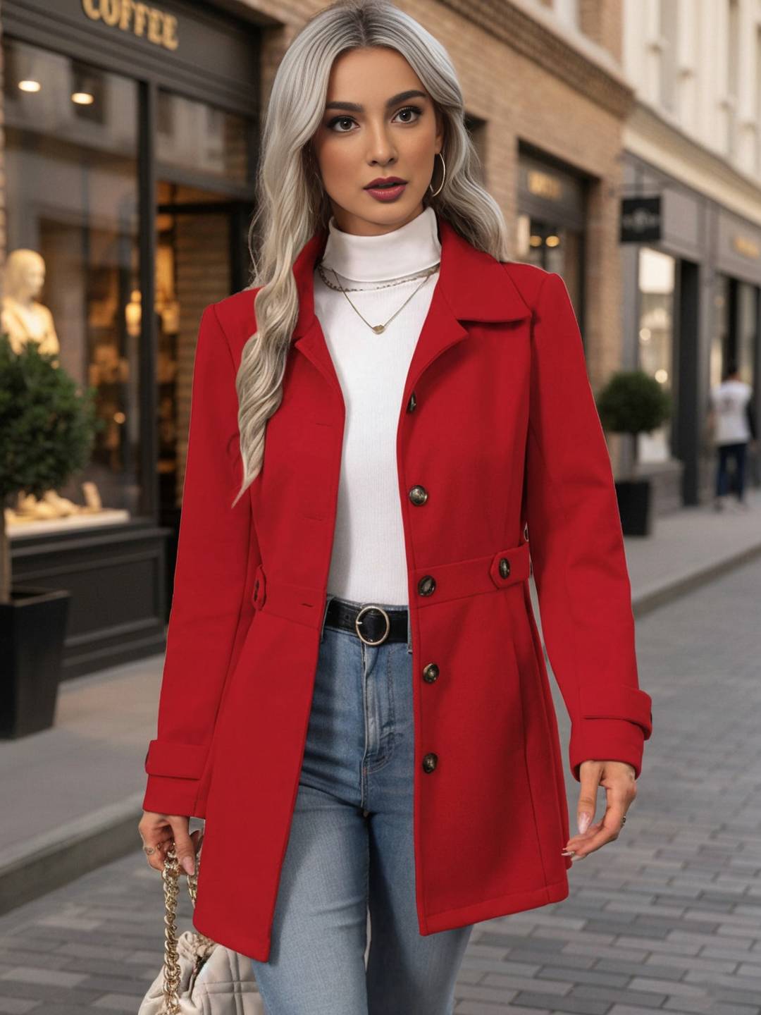 Elarisse – Eleganter, mittellanger Wintermantel mit Gürtel und Reverskragen