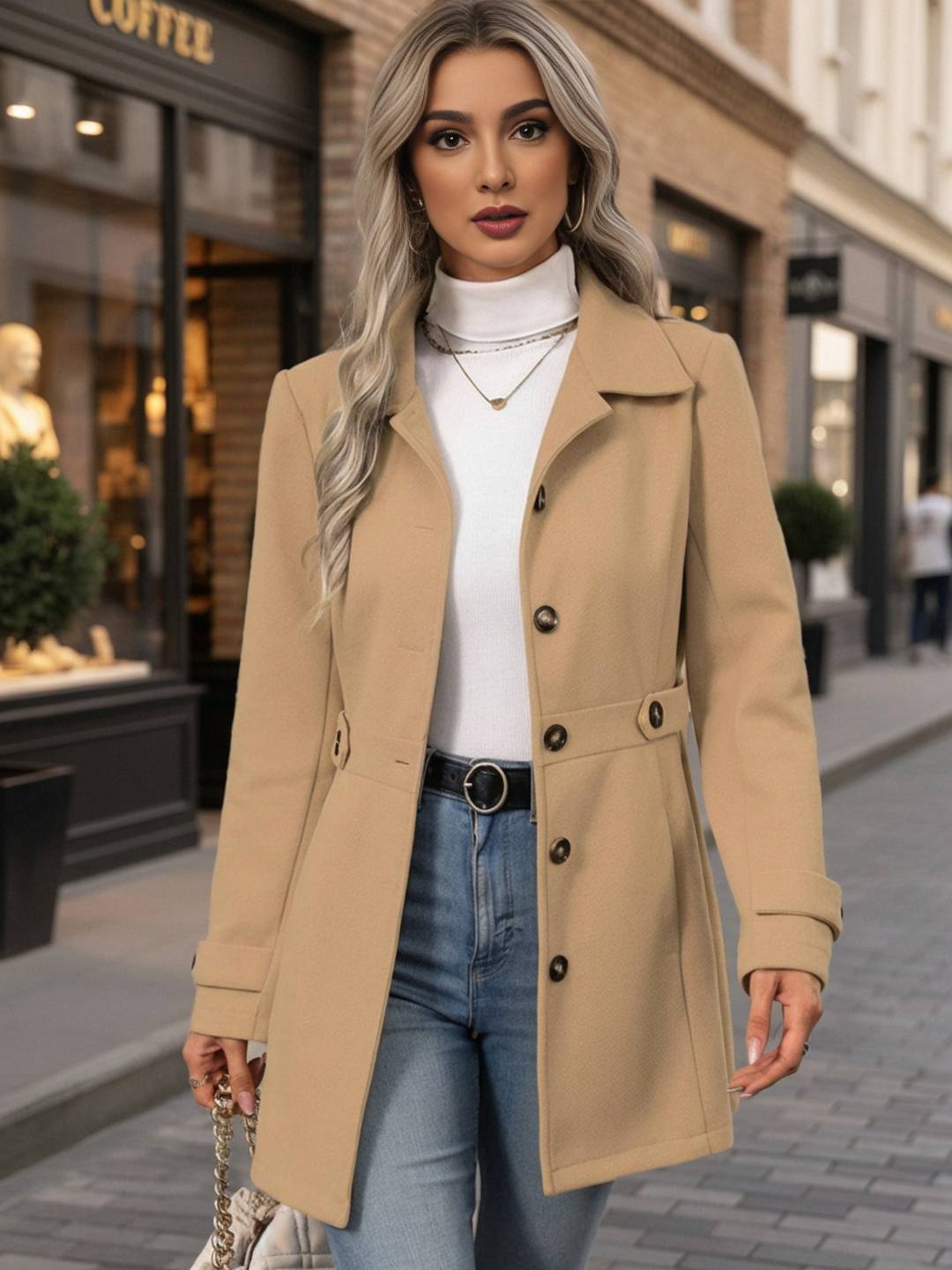Elarisse – Eleganter, mittellanger Wintermantel mit Gürtel und Reverskragen