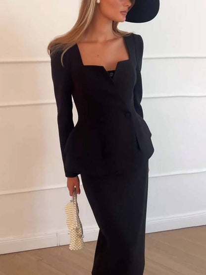Veronica – Ensemble deux pièces élégant avec blazer à manches longues et jupe midi sur mesure