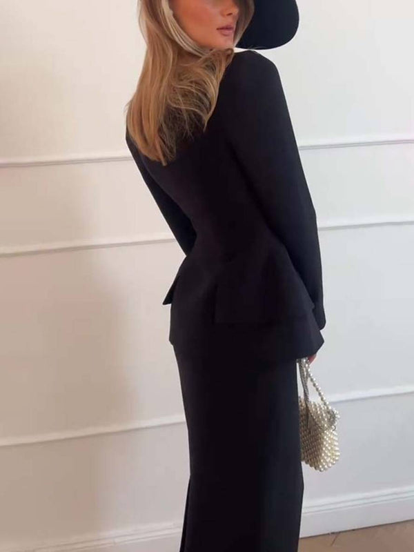 Veronica – Ensemble deux pièces élégant avec blazer à manches longues et jupe midi sur mesure