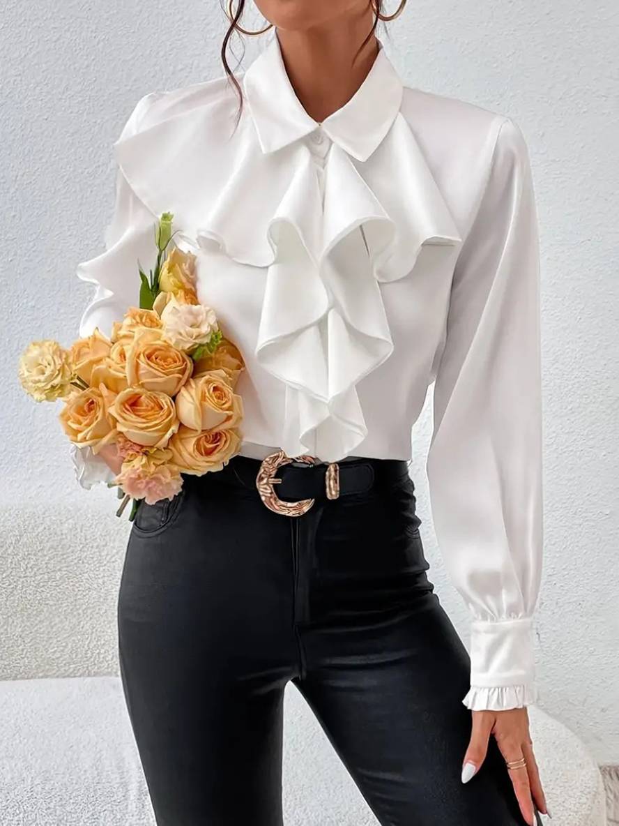 Blouse Élégante à Boutons pour Femme – Col à Volants Jabot avec Manches Bishop