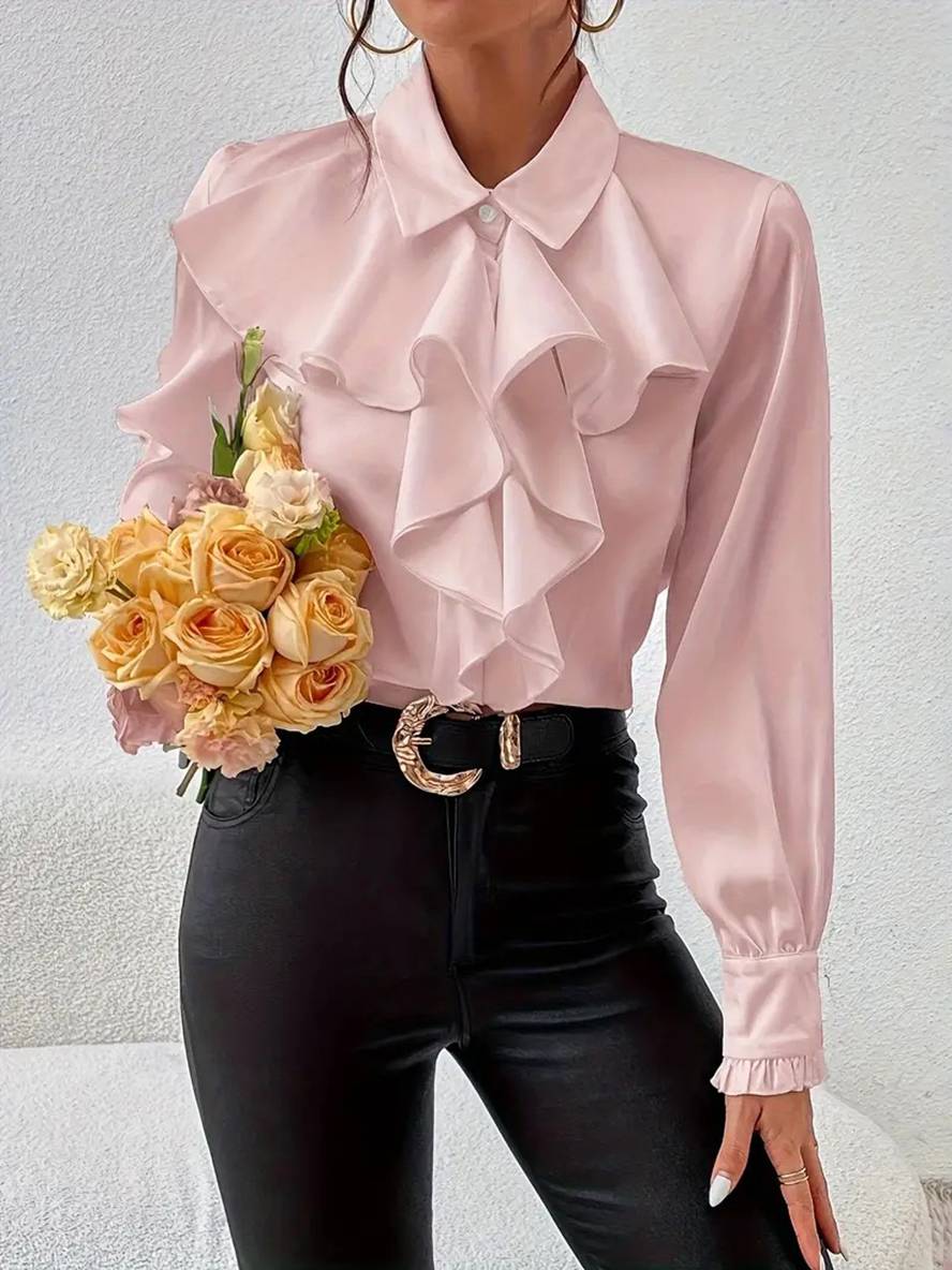 Blouse Élégante à Boutons pour Femme – Col à Volants Jabot avec Manches Bishop