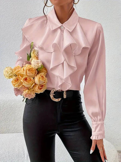 Blouse Élégante à Boutons pour Femme – Col à Volants Jabot avec Manches Bishop