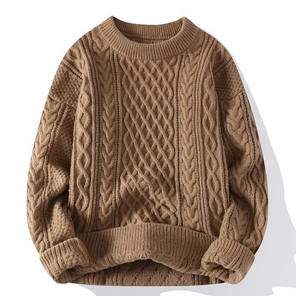 Pull en laine torsadée marron pour homme, style décontracté, manches longues, col rond. Mode automne-hiver, tendance et confortable.
