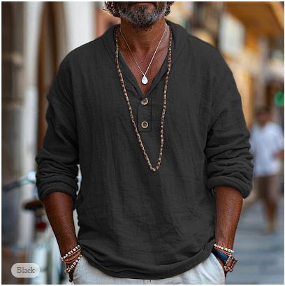 Men’s Linen-Style Casual Popover Shirt – Lightweight Summer Shirt for Holidays, Travel and Everyday Wear