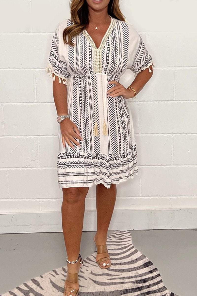 Women's Boho Print Mini Dress V-Neck Tassel Summer