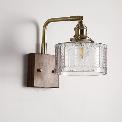 Elegante Groene Wandlamp met Houten Basis & Glazen Kap