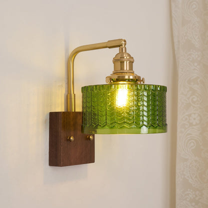 Camela Wall Lamp | Rustic Green Glass & Wood Sconce | Fish Scale Art Glass Lighting | E26/E27 LED or Incandescent | Living Room Bedroom Hallway