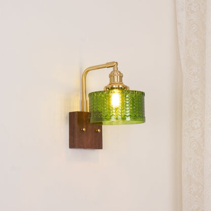 Camela Wall Lamp | Rustic Green Glass & Wood Sconce | Fish Scale Art Glass Lighting | E26/E27 LED or Incandescent | Living Room Bedroom Hallway