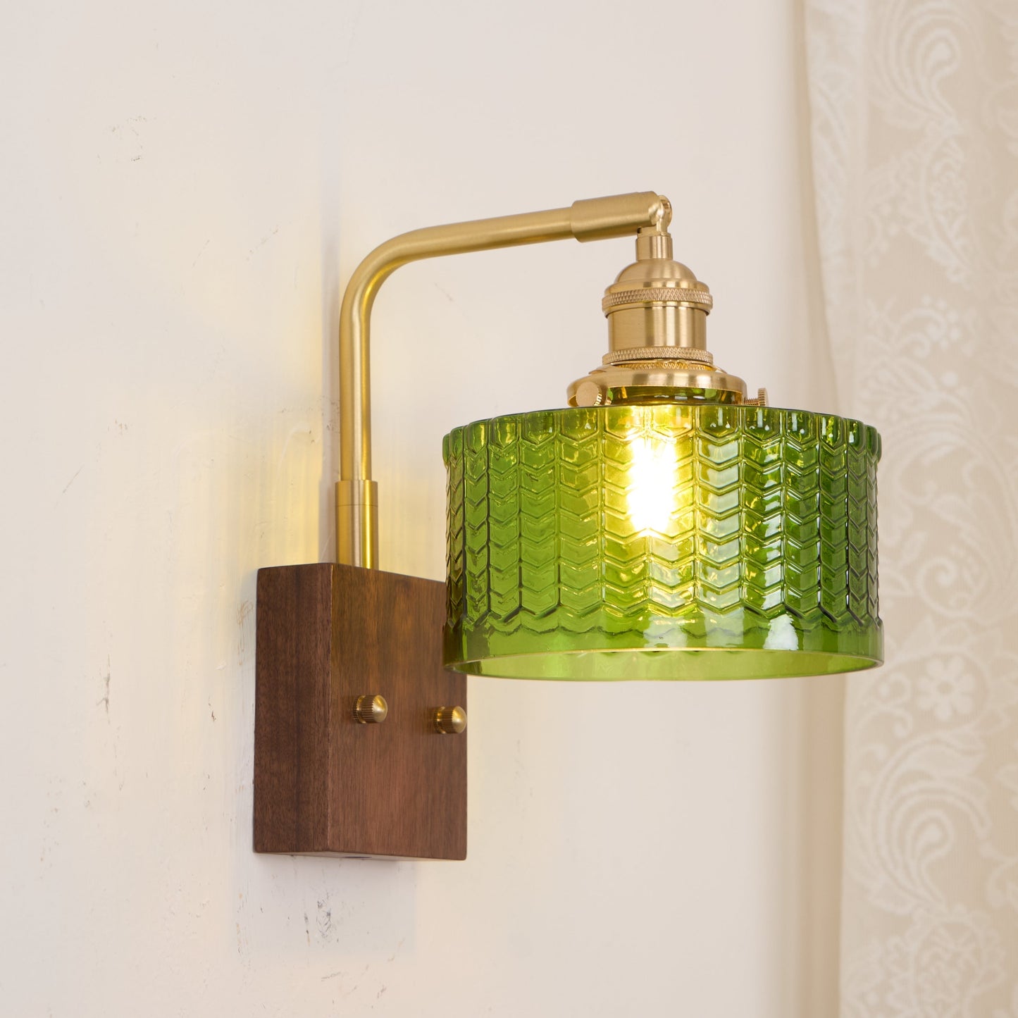 Camela Wall Lamp | Rustic Green Glass & Wood Sconce | Fish Scale Art Glass Lighting | E26/E27 LED or Incandescent | Living Room Bedroom Hallway