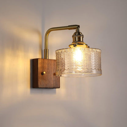 Elegante Groene Wandlamp met Houten Basis & Glazen Kap