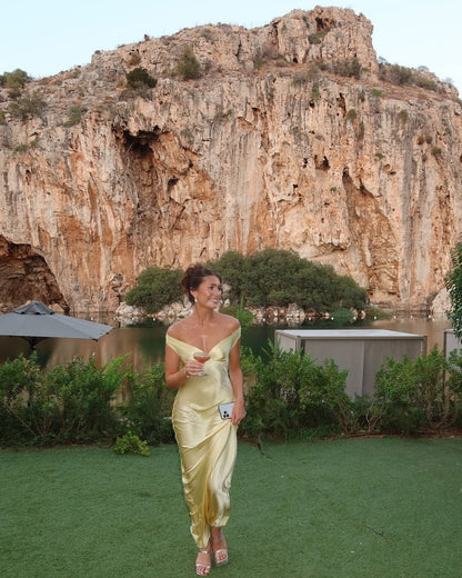 Bonnie - Backless Satin Maxi Off Shoulder Dress