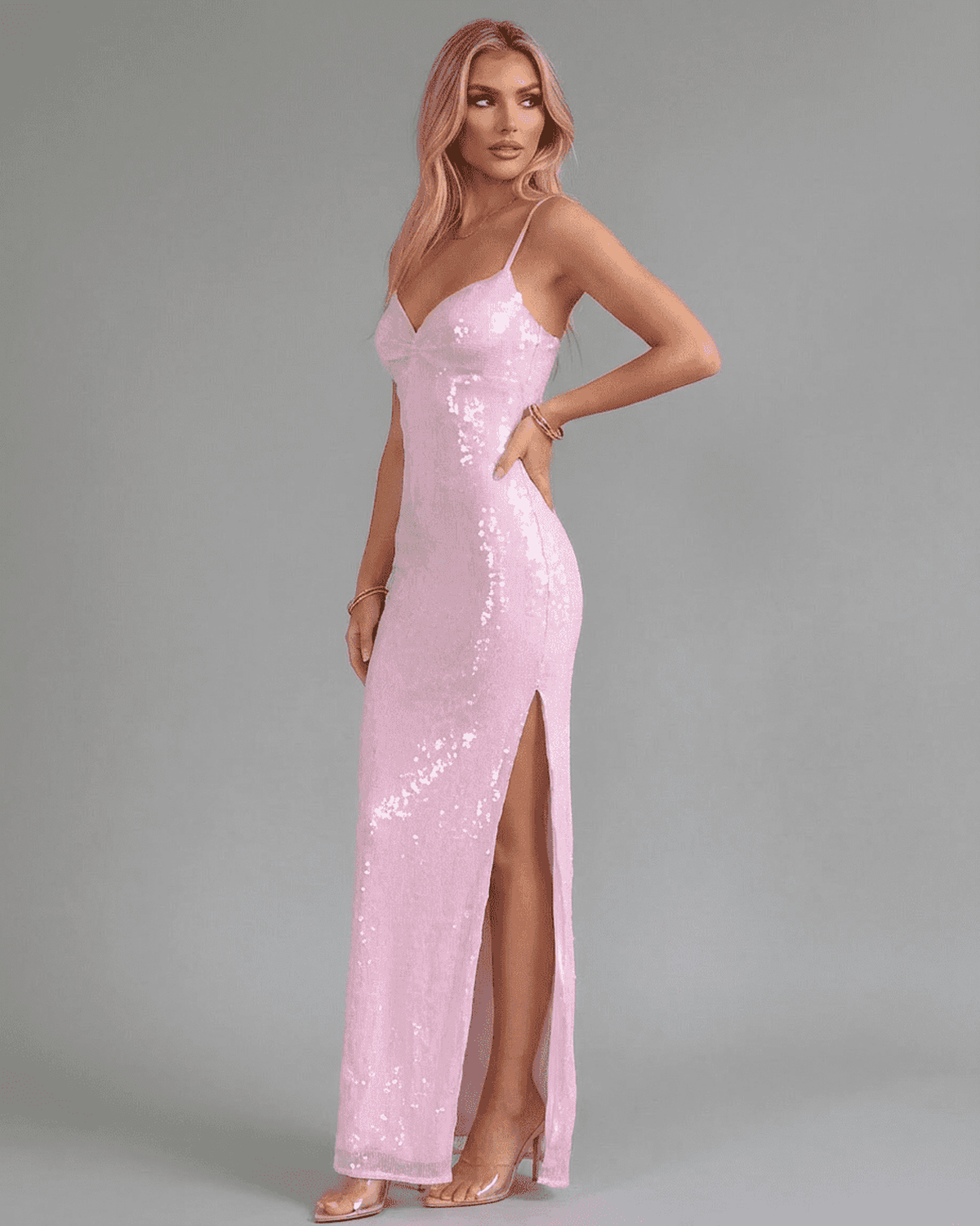 Dames Maxi Jurk | Spaghettibandjes | Paillettenlook & Hoge Split