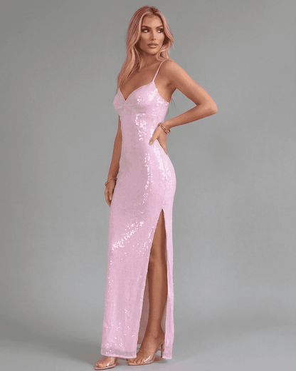 Dames Maxi Jurk | Spaghettibandjes | Paillettenlook & Hoge Split