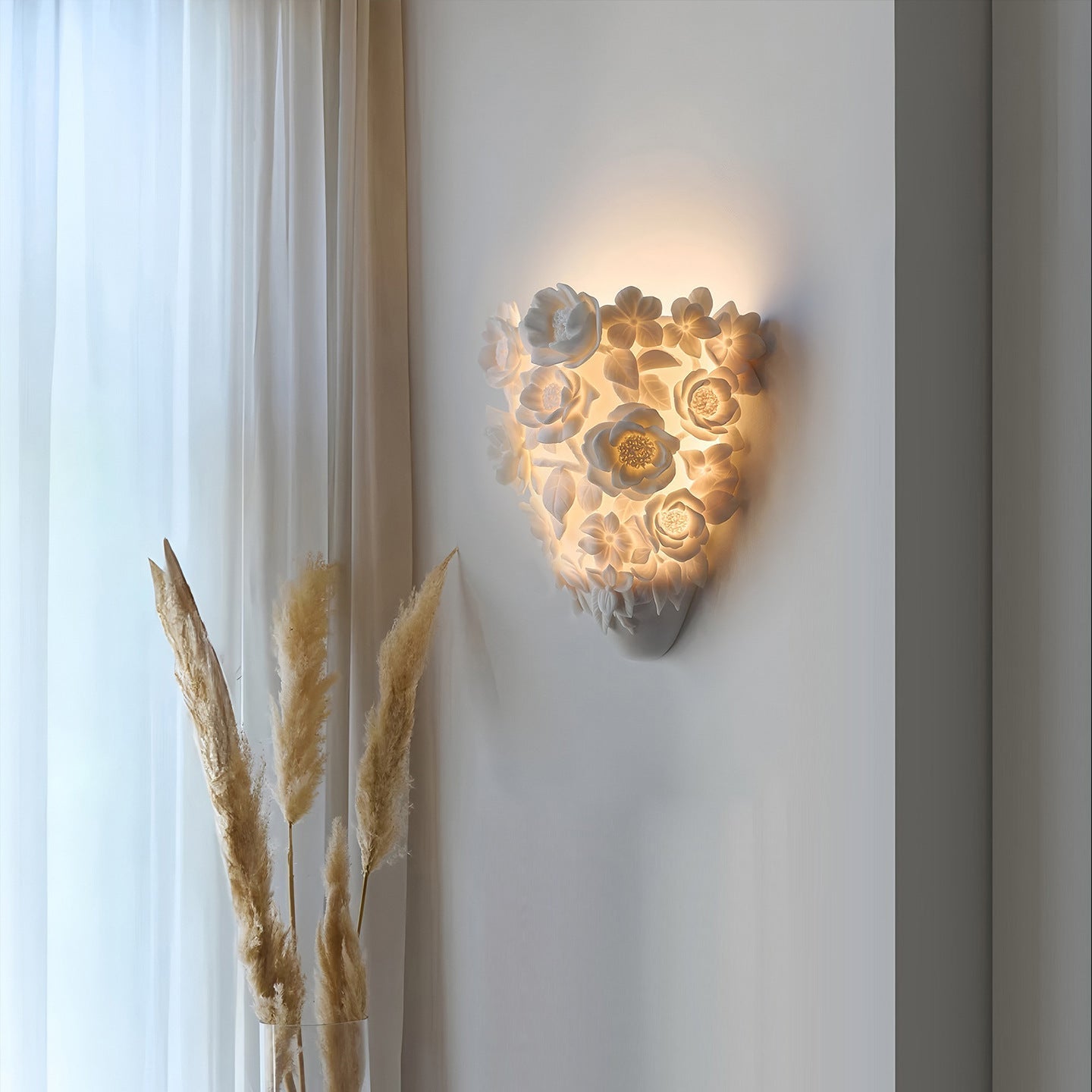 Ceramiczna Lampa Ścienna Kinkiet z Kwiatami, Elegancka Lampka Nocna do Sypialni i Salonu, Ciepłe Światło 3000K, 35 cm 1