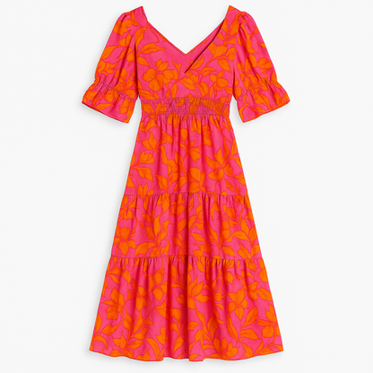 Nina | Livagtigt blomsterlang kjole med pufærmer - Fuchsia Rosa med orange blomsterprint - women's fashion - {{ product_tags }