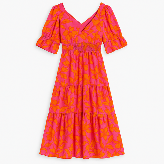 Nina | Livagtigt blomsterlang kjole med pufærmer - Fuchsia Rosa med orange blomsterprint - women's fashion - {{ product_tags }