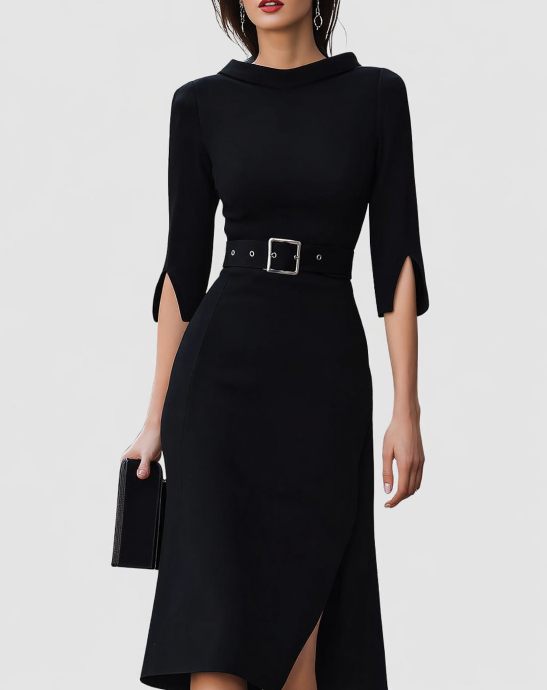 Naomi | Women's Belted Mock Neck Midi Dress with Split Sleeves