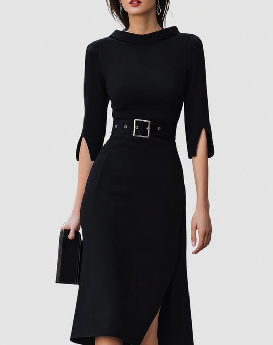Naomi | Women's Belted Mock Neck Midi Dress with Split Sleeves