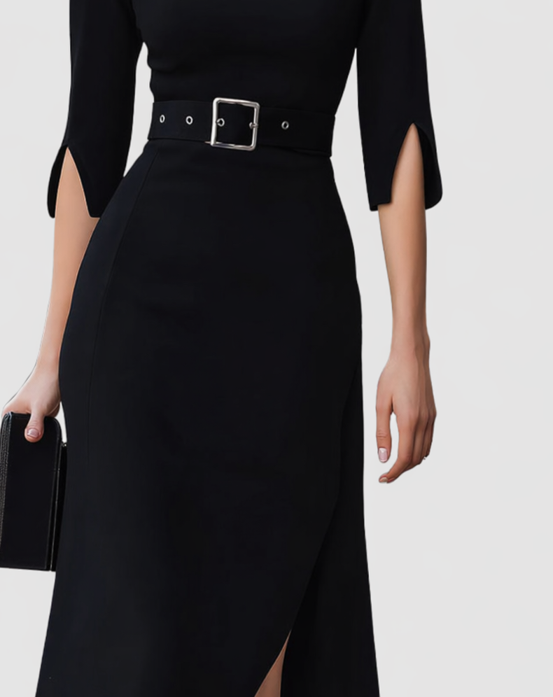 Naomi | Women's Belted Mock Neck Midi Dress with Split Sleeves