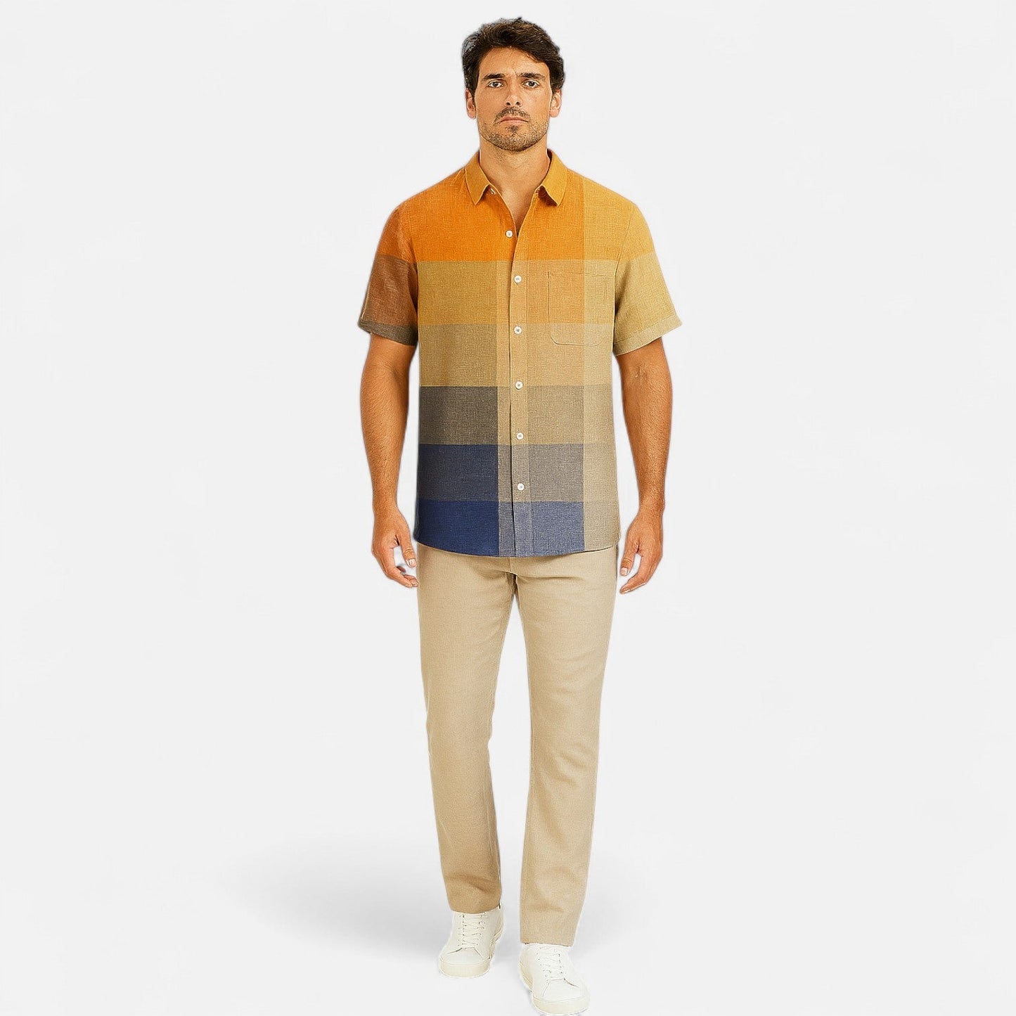 Chemise Homme en Lin à Motif Artistique – Manches Courtes, Style Décontracté et Haut de Gamme