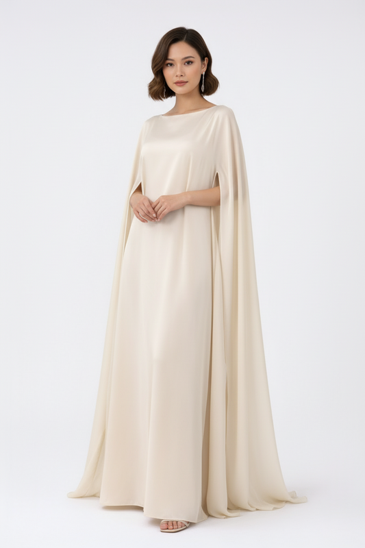 Amira — Airy Satin-Look Cape Maxi Dress