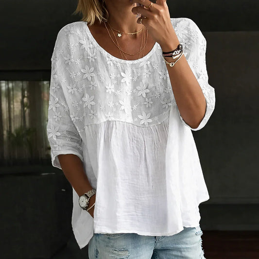 Blusa Patchwork con Fiori Ricamati – Design Bohemien con Ricamo Dettagliato