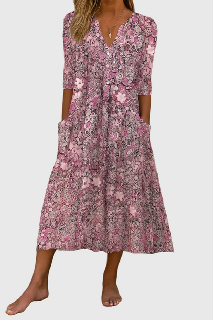 Robe Midi Femme Fluide Imprimée Col V pour Style Élégant et Confort Quotidien