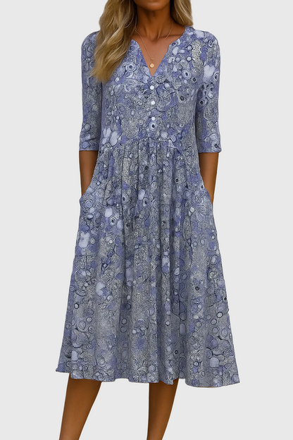 Robe Midi Femme Fluide Imprimée Col V pour Style Élégant et Confort Quotidien