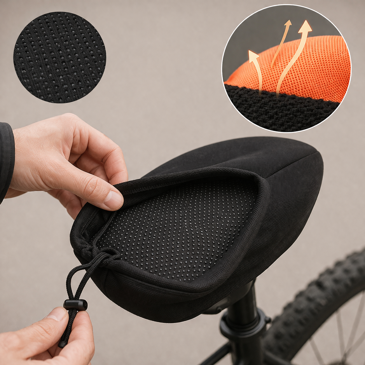 Fietszadelhoesje met gel en gepolsterde comfortabele verstelbare koord
