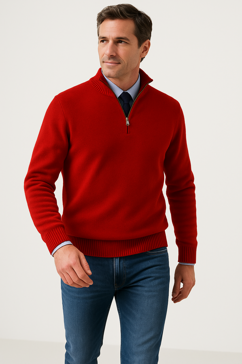 Homme portant un pull rouge à col zippé, chemise bleue et jean. Mode masculine élégante, tenue automne-hiver, style décontracté chic.