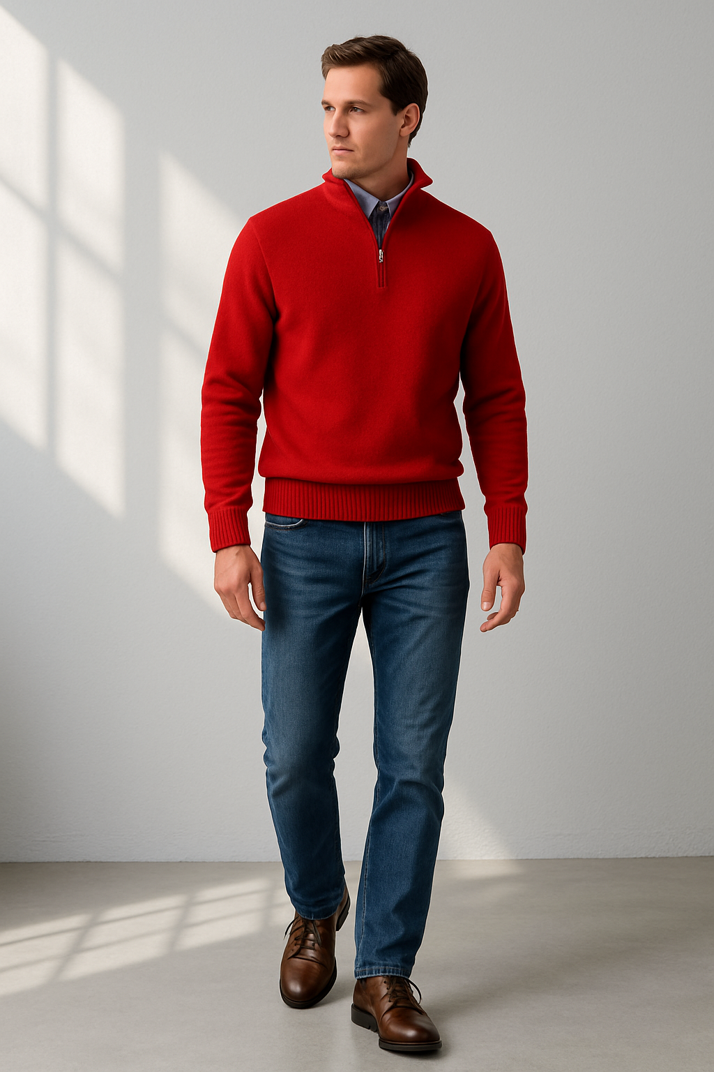 Homme portant un pull rouge à col zippé, jean bleu et chaussures marron, debout dans une pièce lumineuse. Mode masculine élégante et décontractée.