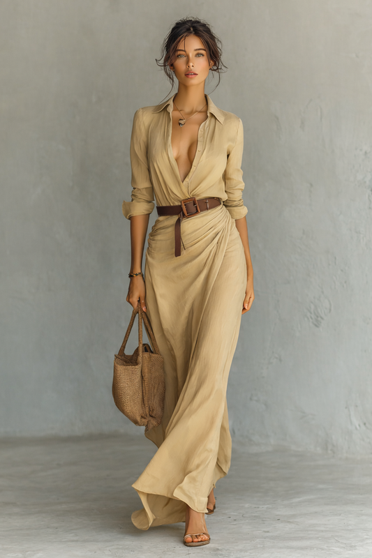 Marika – Women's Belted Linen Maxi Shirt Dress